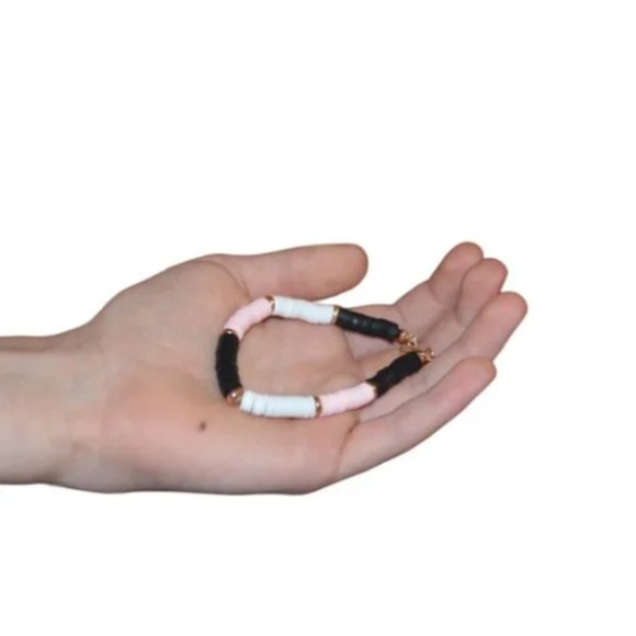 Handmade Black, Pink, & White Clay Bead Bracelet w/ gold-plated Lobster Clasp - Picture 2 of 3